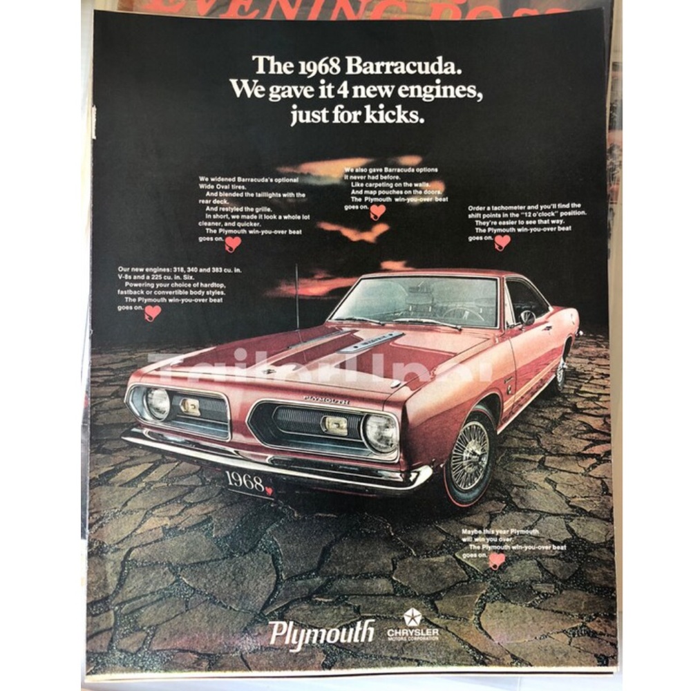 BARRACUDA Advertisement 1968 Plymouth Wall Art Game Room Vintage Garage Art